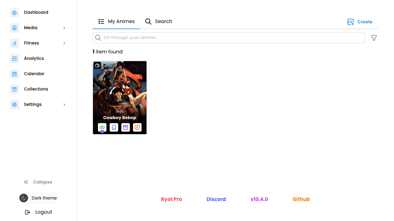 The personal library listing the tracked title with its cover art and watch count, read back from PostgreSQL