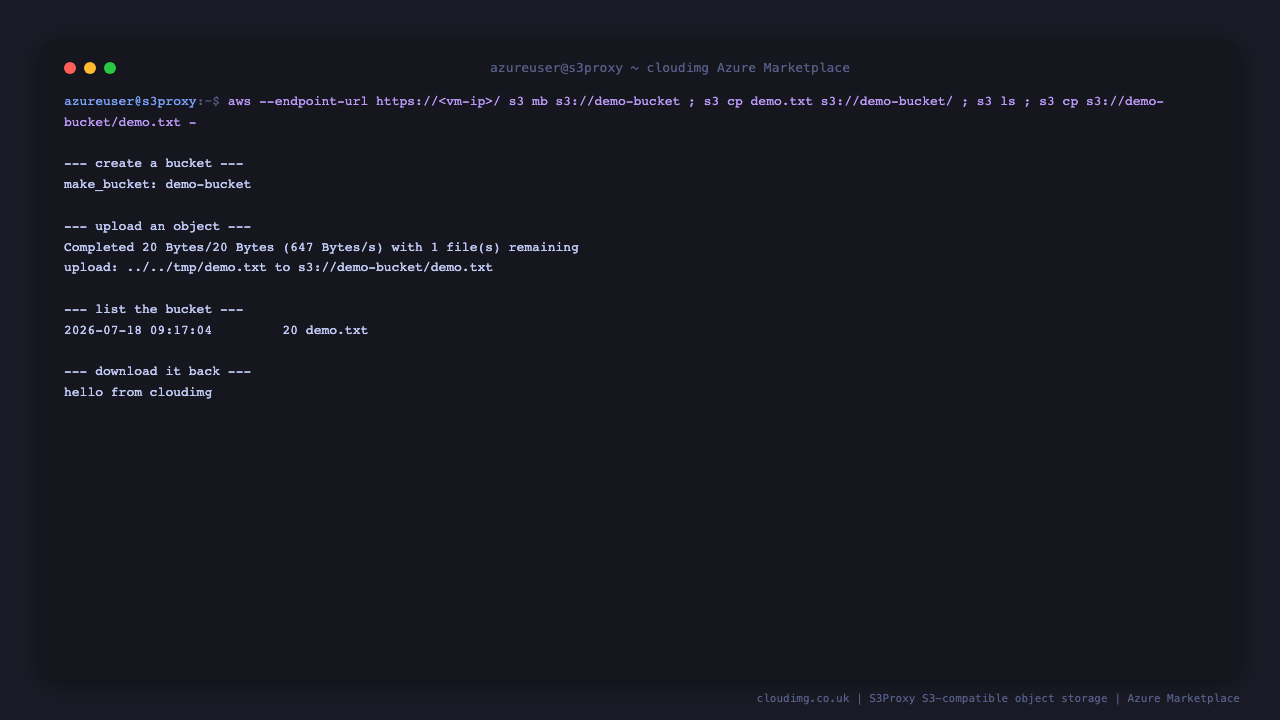 the AWS CLI creates demo-bucket, uploads demo.txt, lists the bucket showing the 20 byte object, then downloads it and prints hello from cloudimg, all over the appliance HTTPS endpoint with the per VM key