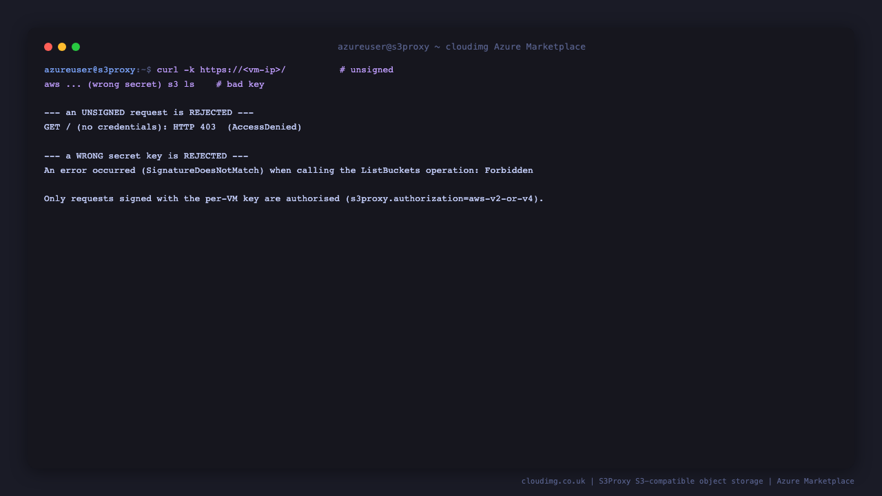 an unsigned curl request to the endpoint returns HTTP 403, and an AWS CLI request signed with a wrong secret key is rejected with SignatureDoesNotMatch, proving only requests signed with the per VM key are authorised