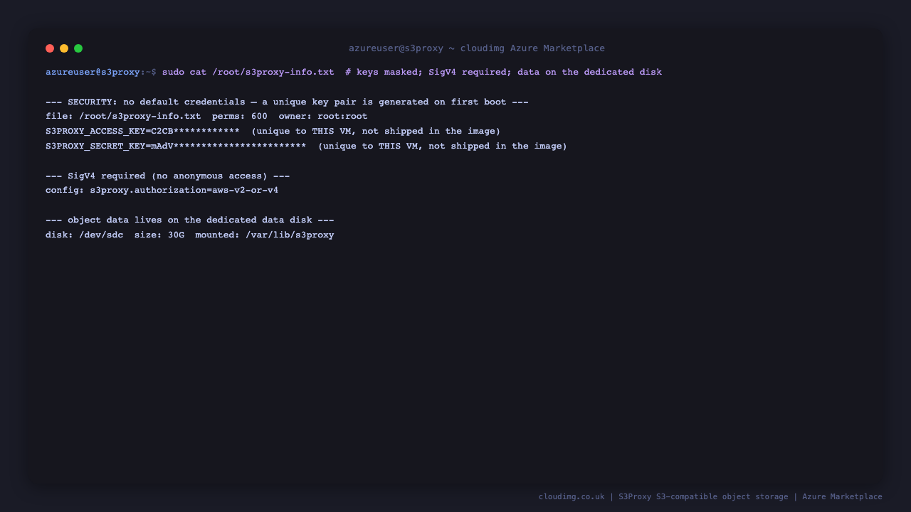 the credentials file is 0600 root root, the gateway configuration shows authorization aws-v2-or-v4, and df shows the object store data directory mounted on the dedicated 30 GB data disk at /var/lib/s3proxy