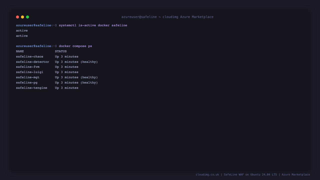 Docker and SafeLine systemd services active with the SafeLine Compose stack containers running