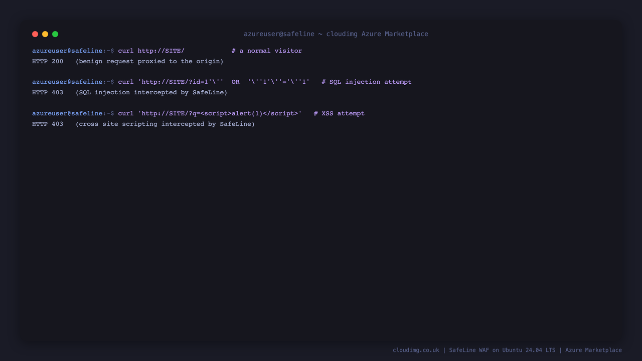A benign request returns HTTP 200 while SQL injection and cross site scripting probes are intercepted with HTTP 403