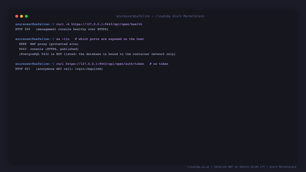 SafeLine secure by default: the console is healthy over HTTPS, the database is not exposed on the host, and anonymous API calls are rejected