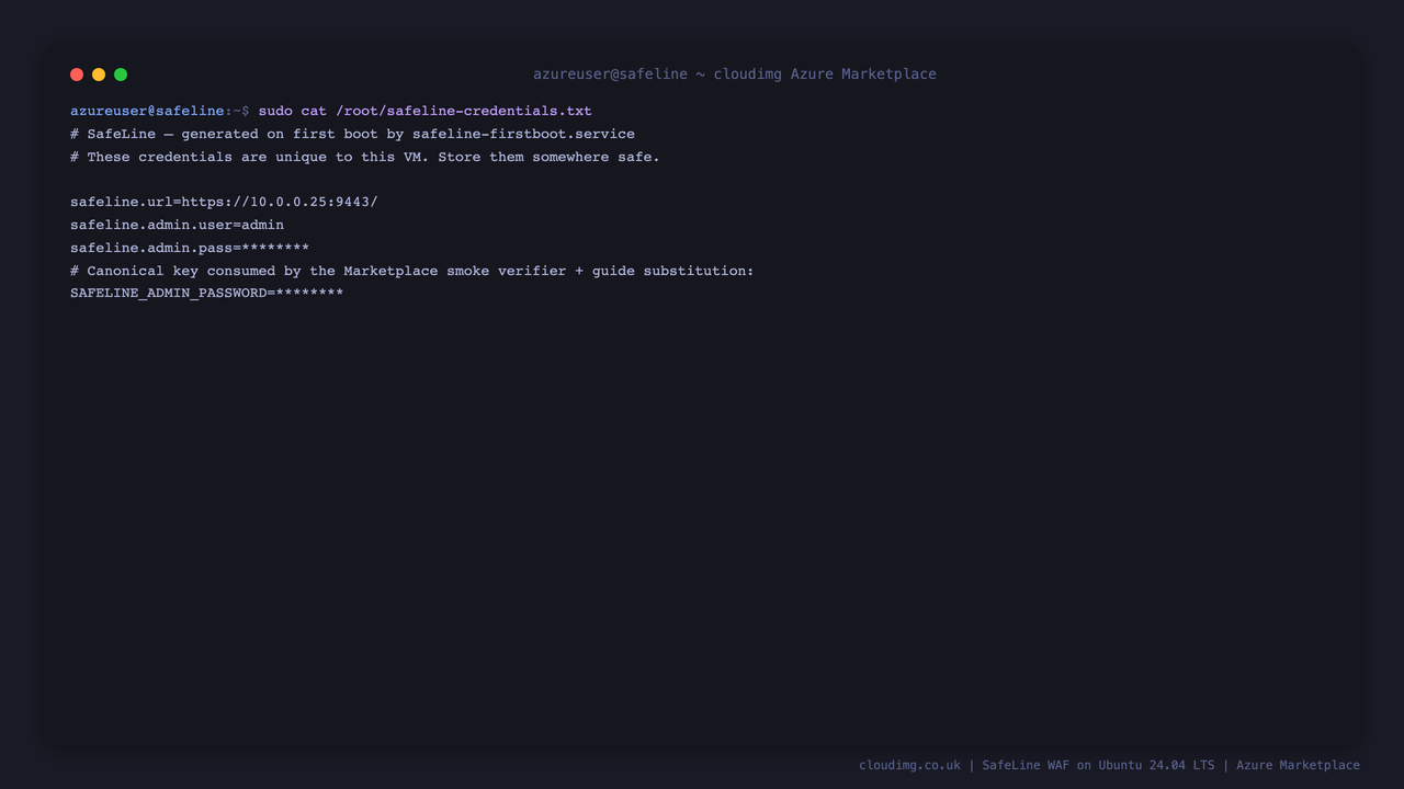 The per-VM SafeLine admin credentials file, with the password shown on this instance only