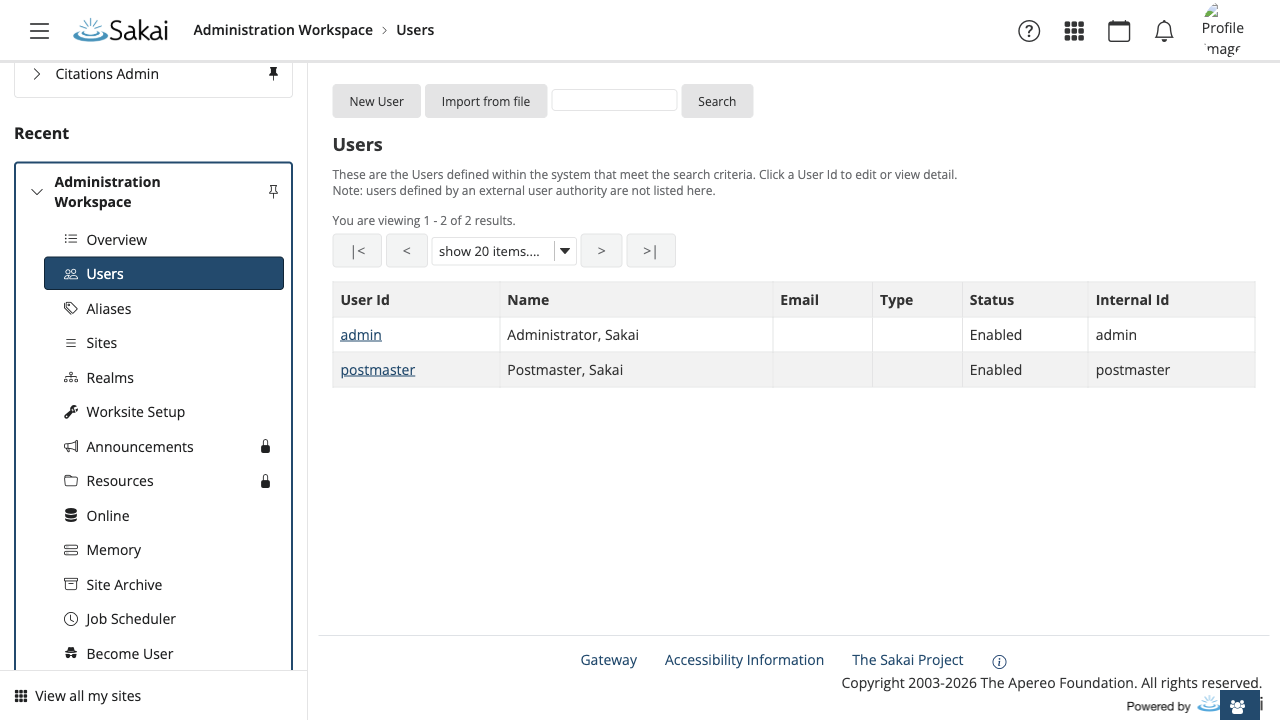 The Administration Workspace Users tool. A freshly launched VM has exactly two accounts, admin and postmaster: the Sakai demo dataset is removed from this image, so none of the published sample logins exist