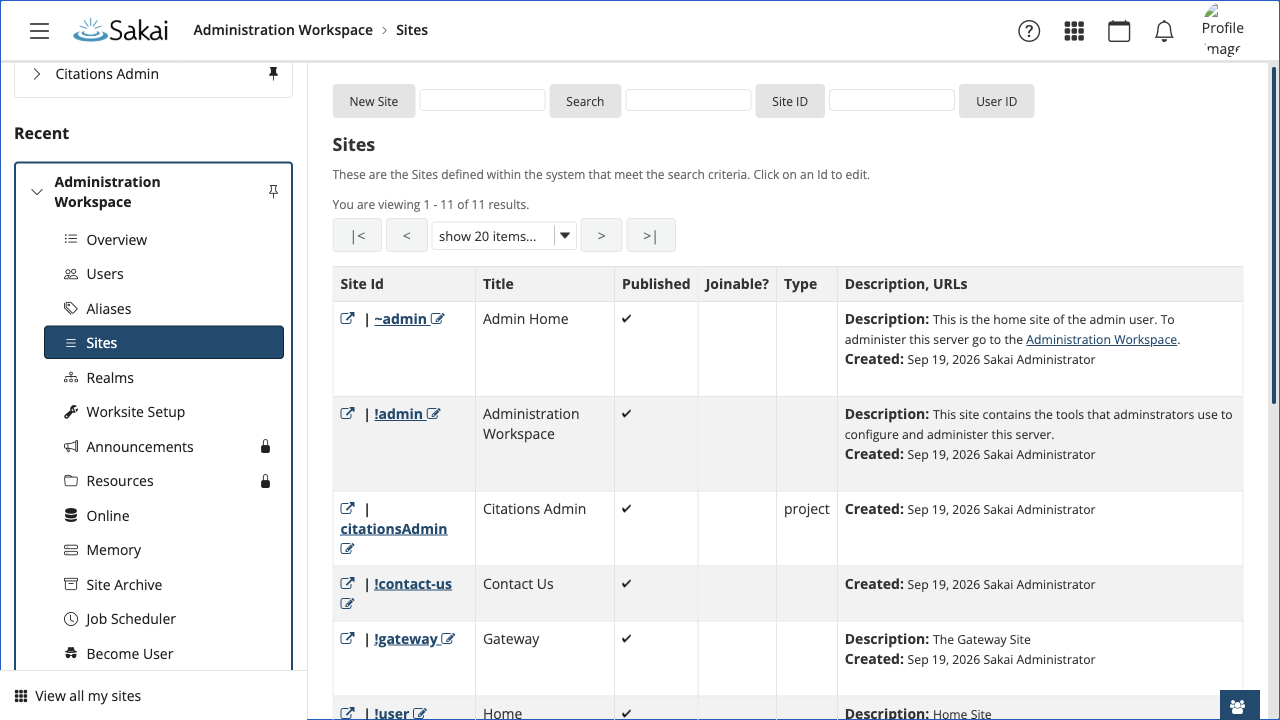 The Sites tool in the Administration Workspace, listing the sites Sakai creates for itself on a fresh installation