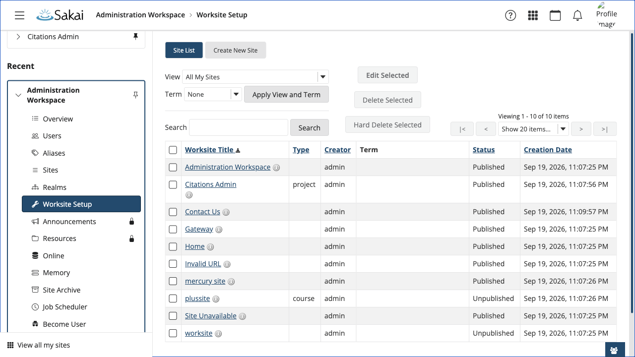 Worksite Setup, where course and project sites are created and managed. Create New Site starts the wizard