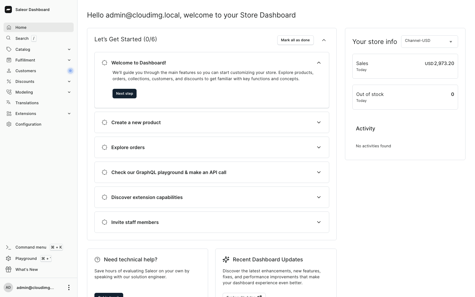 The Saleor Dashboard home with the store overview