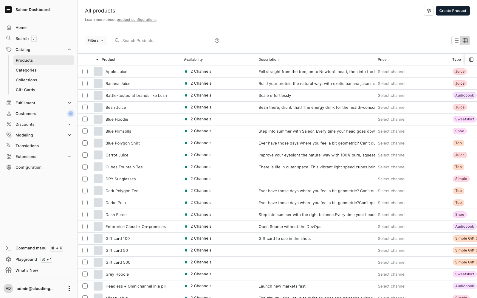 The Saleor Dashboard product catalogue listing