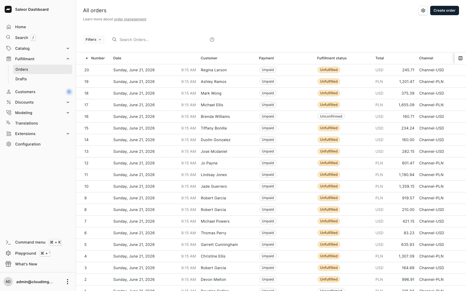 The Saleor Dashboard orders list