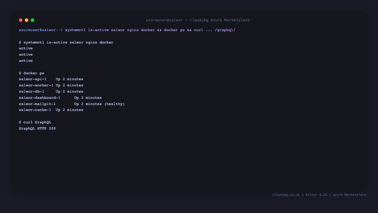 Saleor Docker Compose stack status on Ubuntu 24.04