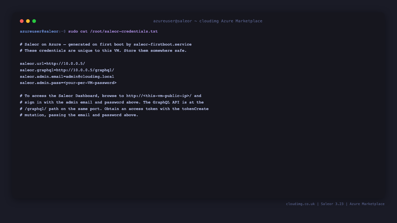Per-VM Saleor credentials file