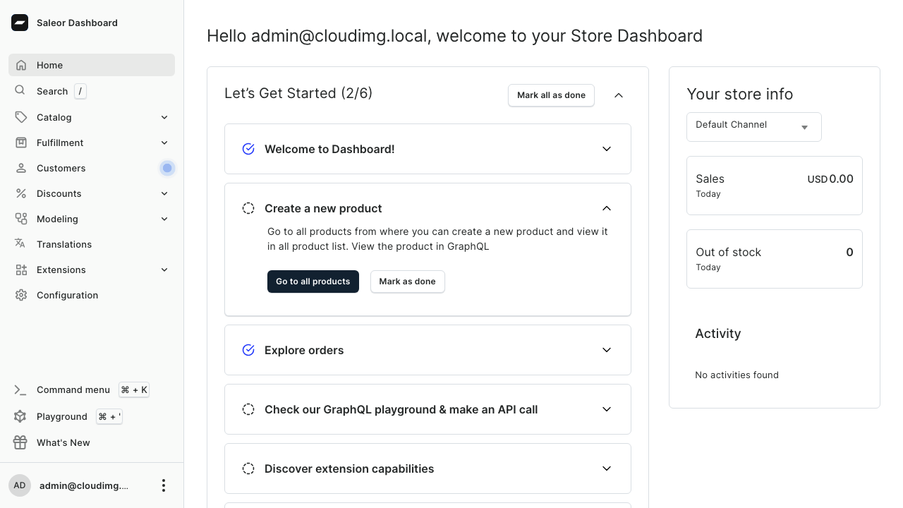 Saleor Dashboard home