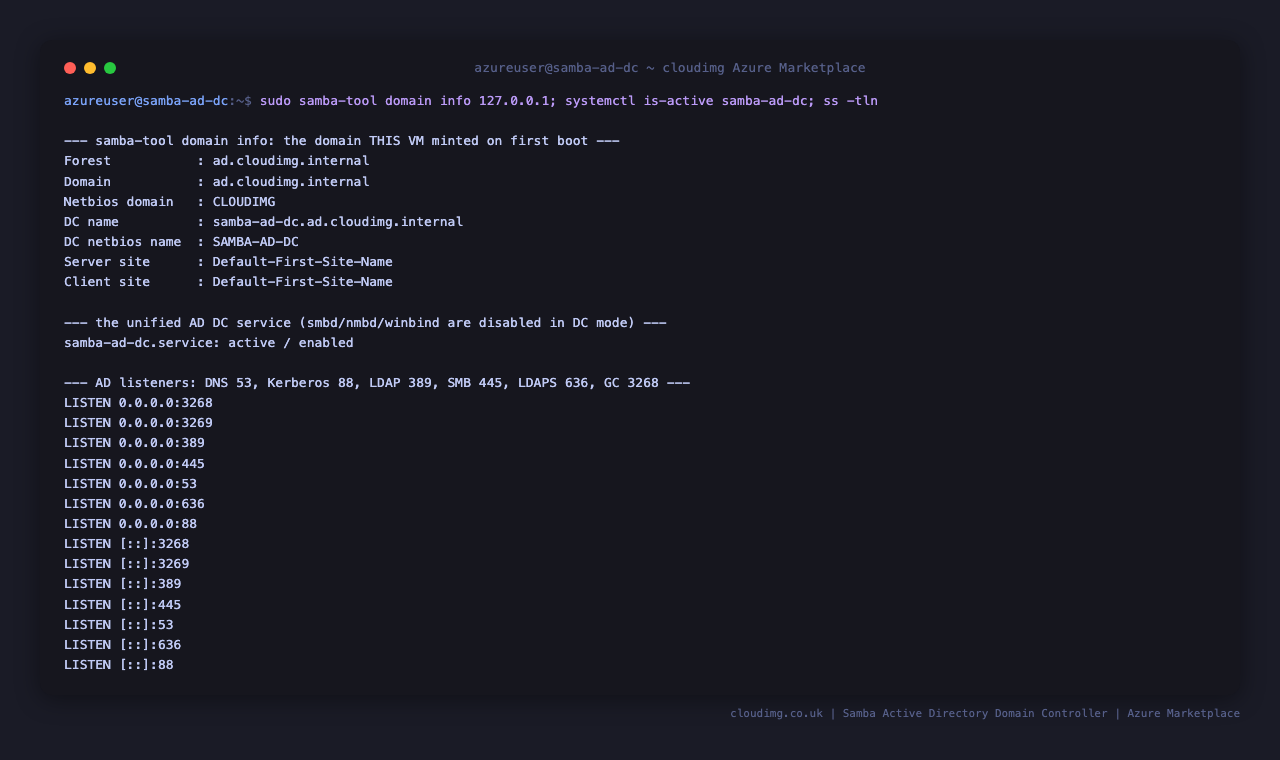 samba-tool domain info reports the forest and domain ad.cloudimg.internal, the NetBIOS domain CLOUDIMG, and the domain controller name samba-ad-dc.ad.cloudimg.internal; the samba-ad-dc service is active and enabled; and ss confirms the domain controller is listening on the Active Directory ports 53, 88, 389, 445, 636, 3268 and 3269