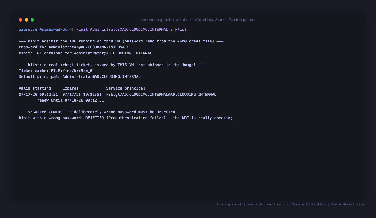 kinit obtains a ticket granting ticket for Administrator at AD.CLOUDIMG.INTERNAL and klist lists a real krbtgt ticket issued by this VM with its validity and renewal times, while a deliberately wrong password is correctly rejected with a preauthentication failure