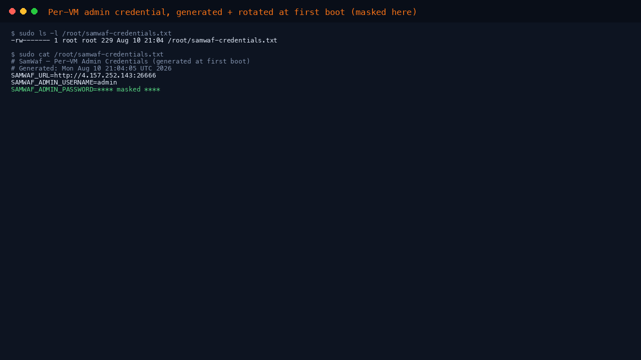 The root-only per-VM credentials file with the admin console URL, username and generated password (masked here)