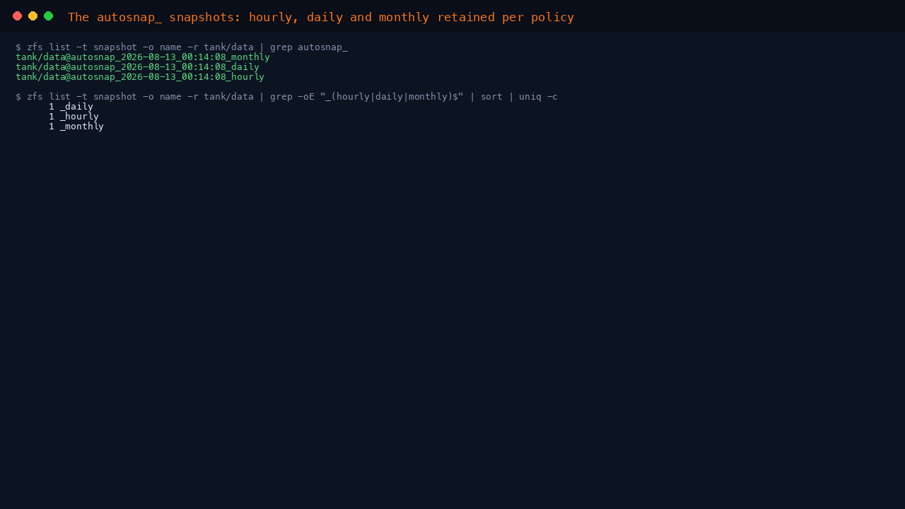 The autosnap underscore snapshots on tank/data listed by name, and a count by type showing one hourly, one daily and one monthly snapshot retained per the shipped policy