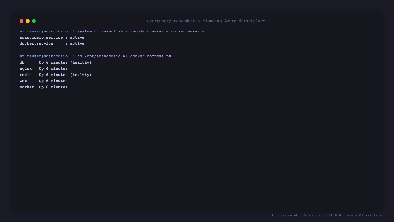 ScanCode.io and Docker services active, with all five stack containers running