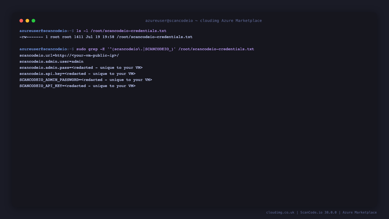 The per-VM ScanCode.io credentials file, mode 0600 root-only, values redacted