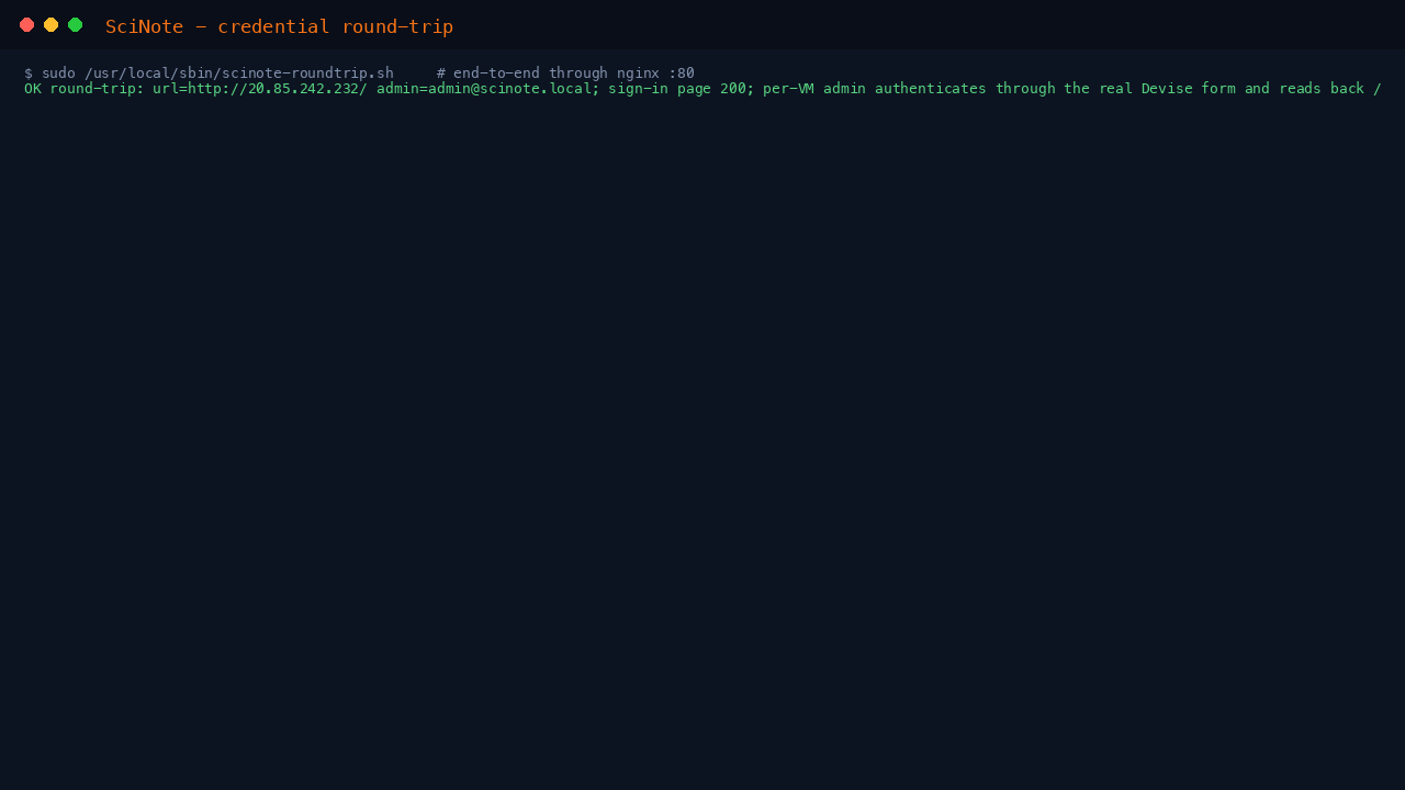 The credential round-trip prover reporting OK: the sign-in page returns 200, the per-VM administrator authenticates through the real Devise login form and reads back the account settings page, a wrong password is rejected, and the upstream default admin@scinote.net credential is rejected