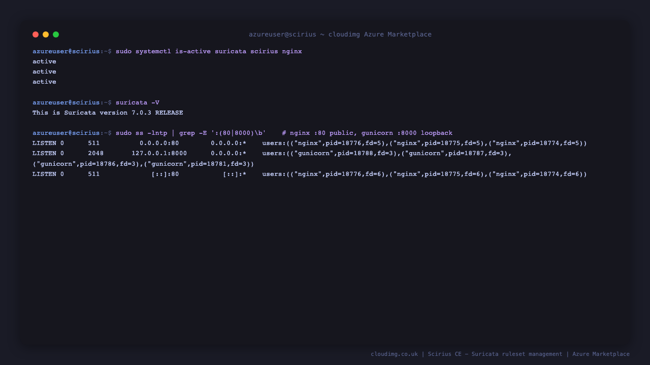 The appliance services, Suricata version and listening ports