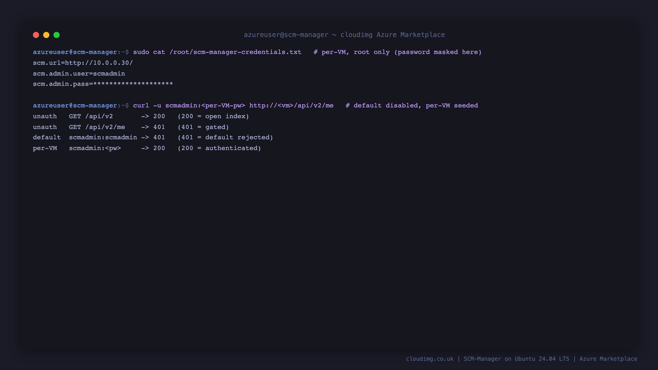 Per-VM credentials file and the API authentication round-trip