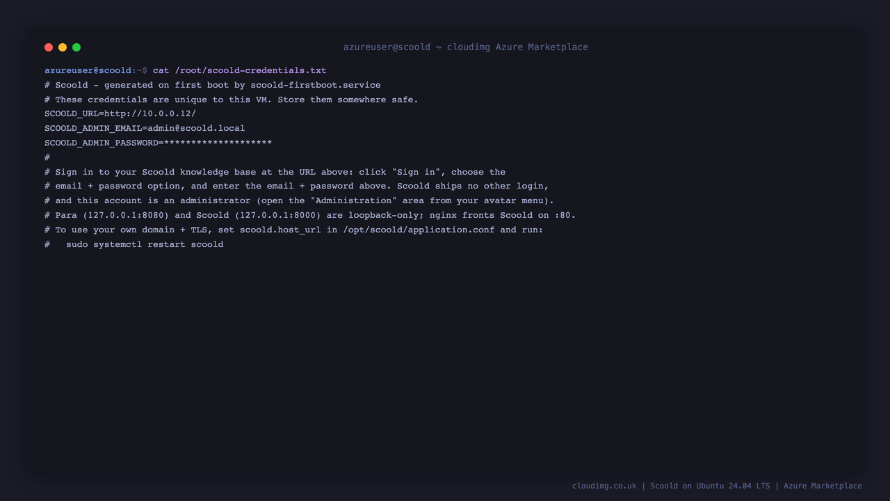 The per VM Scoold credentials file, showing the site URL, the administrator email admin@scoold.local and the generated password (masked here), with guidance on signing in and using your own domain