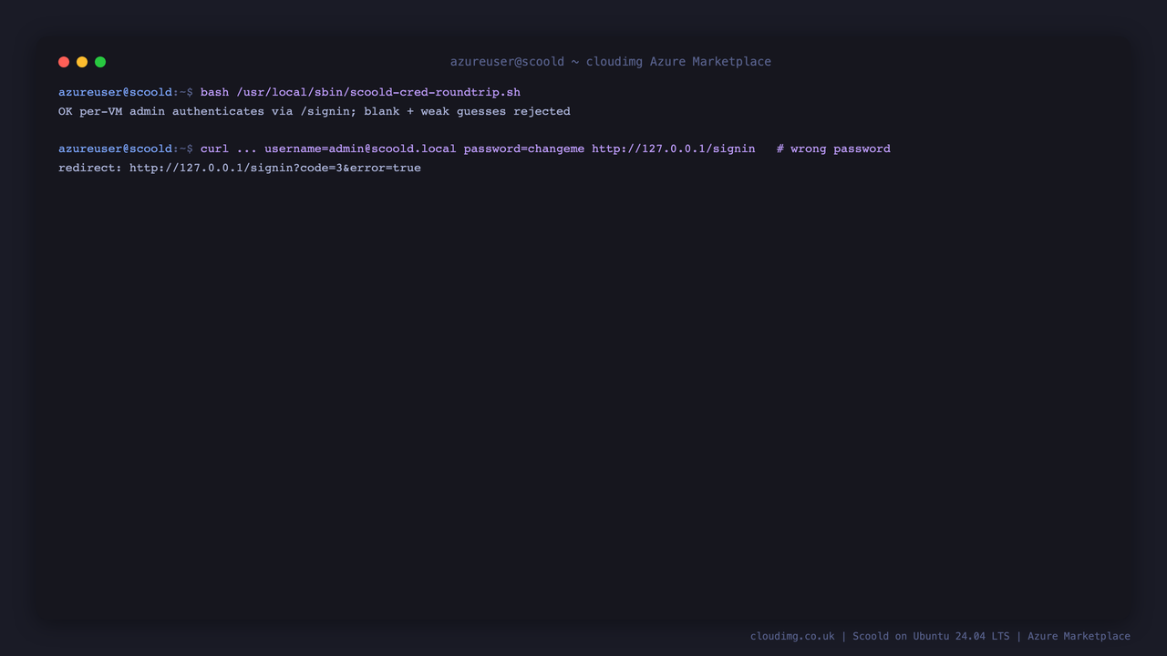 The credential round trip confirming the per VM administrator authenticates while blank and weak guesses are rejected, and a wrong password sign in being refused with an error redirect