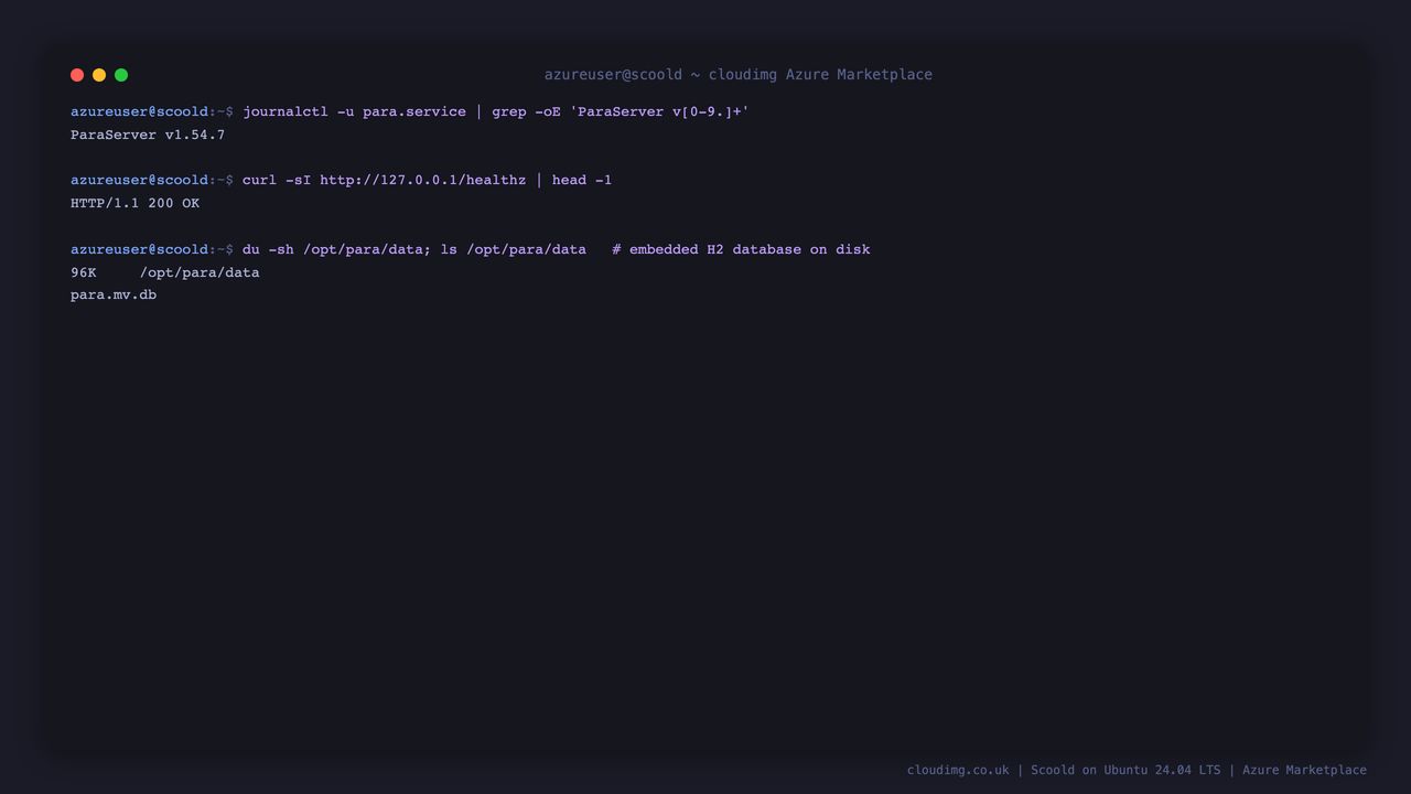 The Para backend version, the healthz endpoint returning HTTP 200, and the embedded H2 database file para.mv.db in the on disk data directory