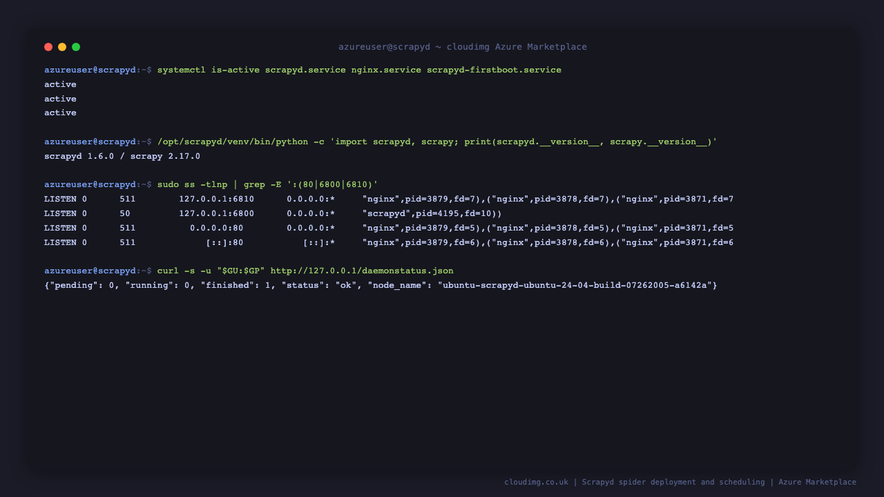 The Scrapyd, nginx and first boot units all reporting active, the pinned Scrapyd 1.6.0 and Scrapy 2.17.0 versions, the loopback listeners on 127.0.0.1 port 6800 for Scrapyd and port 6810 for the bundled sample catalogue with nginx on port 80, and the authenticated daemon status call returning ok with its job counters