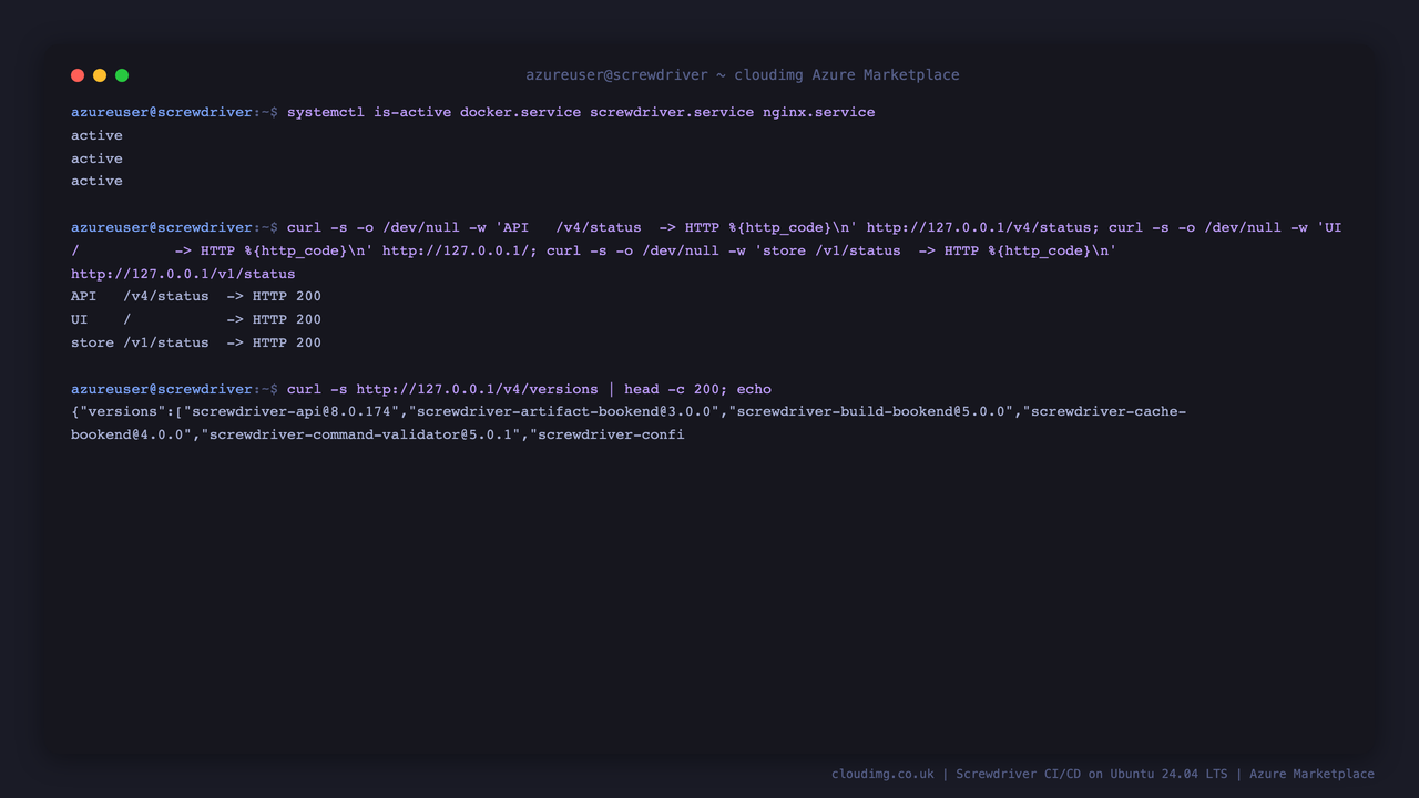Screwdriver service health: the API, UI and store all answer HTTP 200