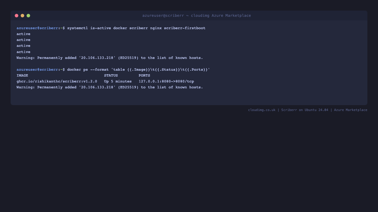 The services active and the Scriberr container running, published on loopback 127.0.0.1:8080 behind nginx on port 80
