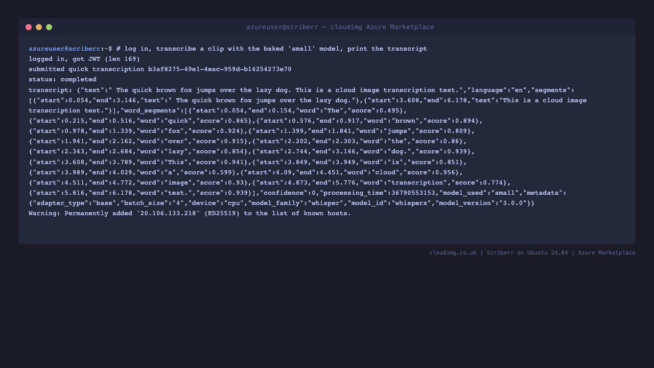 The API transcription round-trip: logging in, submitting the sample clip with the baked small model, and printing the completed transcript with word level timings