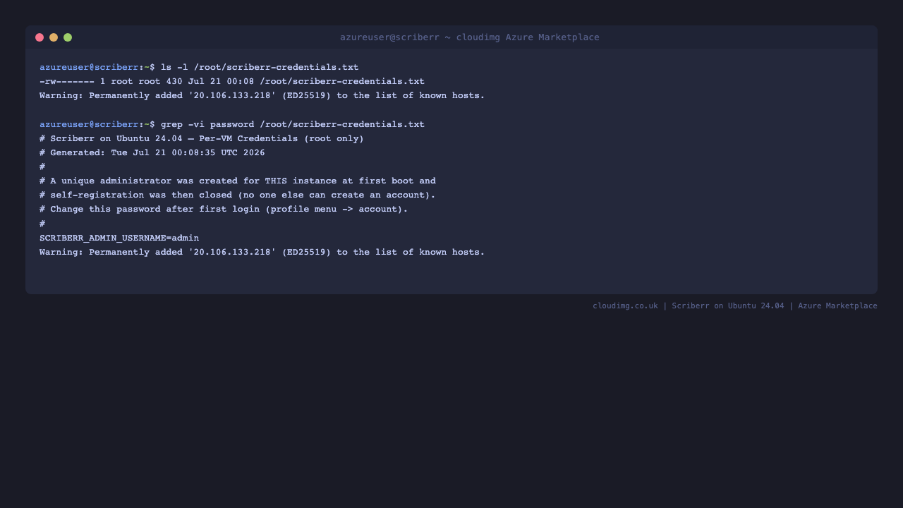 The per-VM credentials file listed with 0600 root-only permissions, showing the generated administrator username with the password withheld
