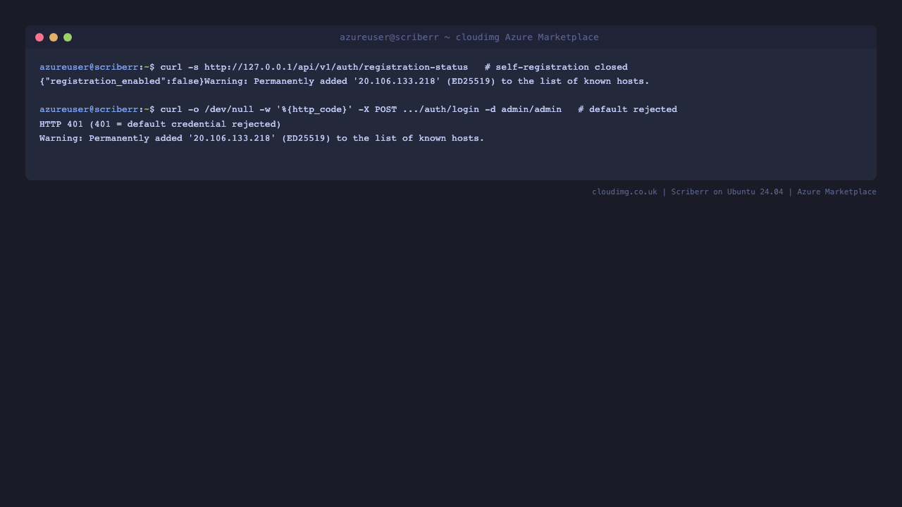 The command line round-trip showing the per-VM admin login succeeding and the default admin/admin credential rejected with HTTP 401