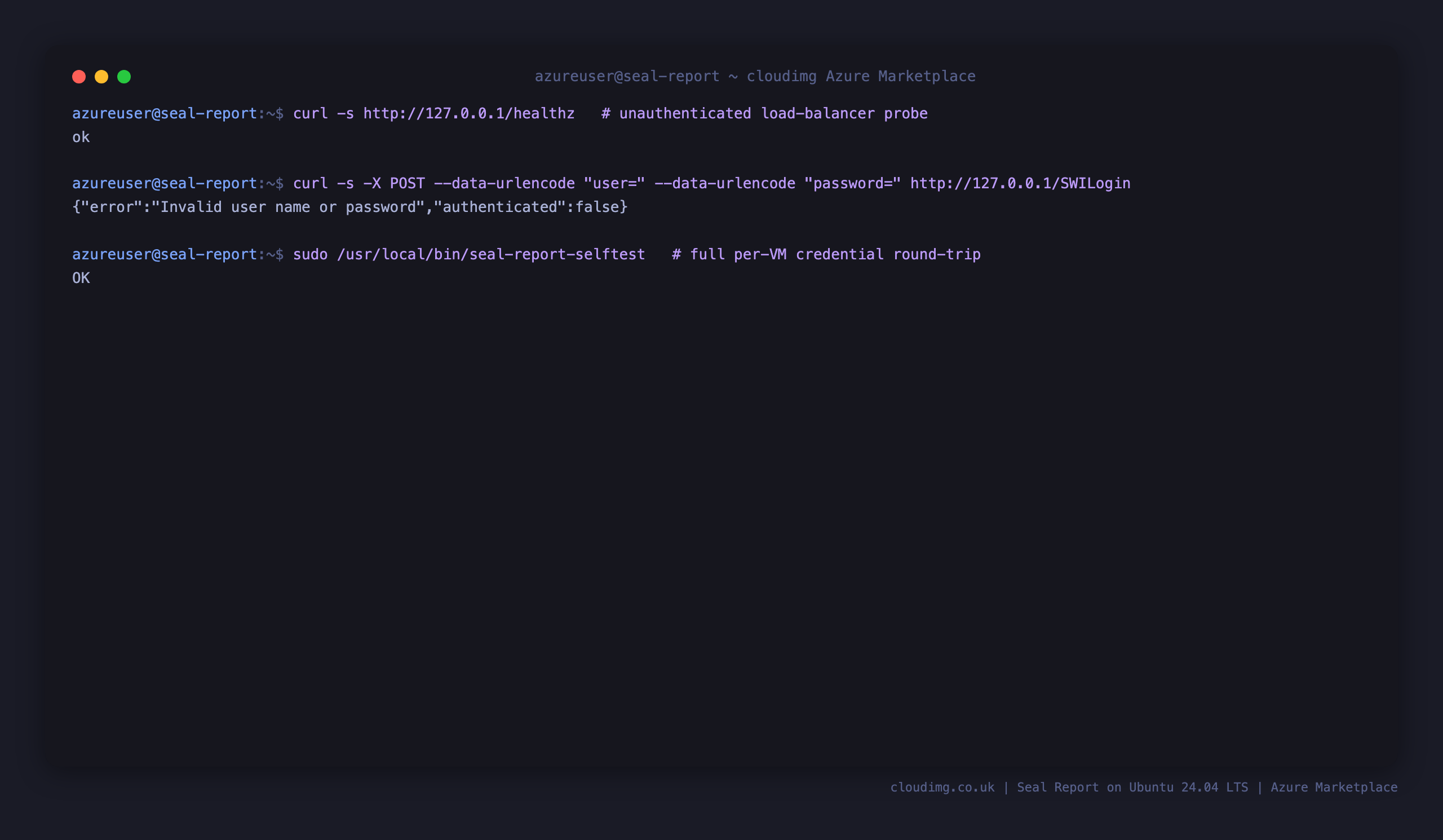 The unauthenticated health endpoint returning ok, an anonymous login being refused, and the self test proving the per VM administrator password authenticates end to end