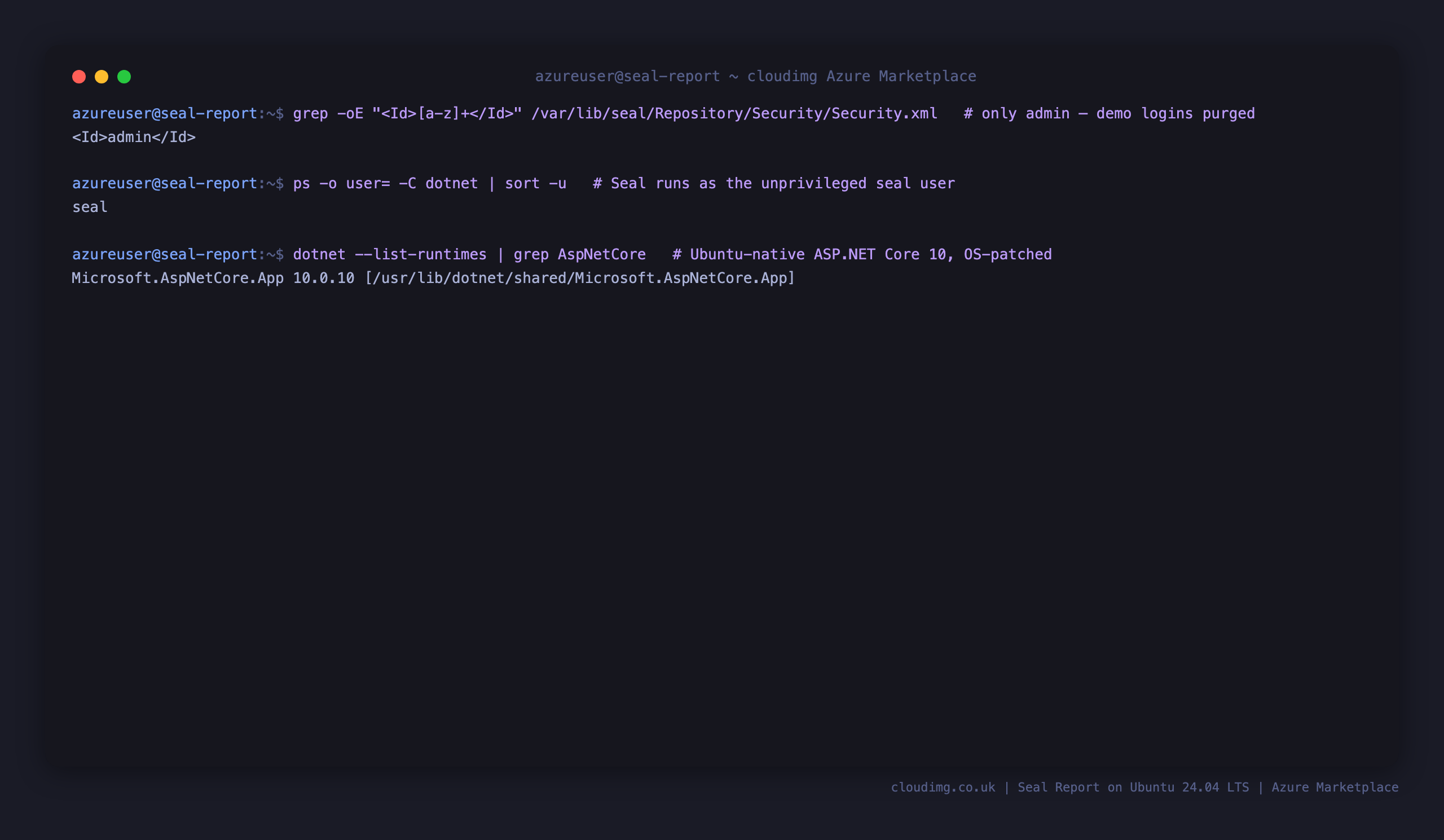 Confirming only the admin login exists, that Seal Report runs as the unprivileged seal user, and that the runtime is Ubuntu native ASP.NET Core 10