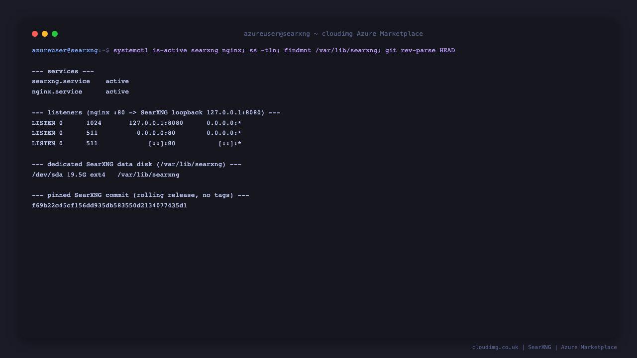The searxng and nginx services reporting active, the loopback SearXNG listener on 127.0.0.1:8080 behind nginx on port 80, the dedicated data disk mounted at /var/lib/searxng, and the pinned SearXNG commit