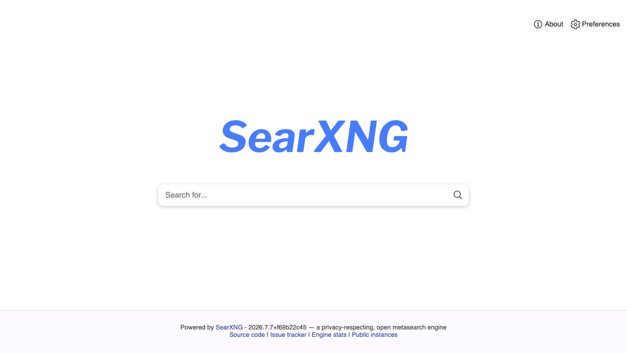 The SearXNG search home page behind the Basic Auth gate, showing the SearXNG logo, the central search box, the About and Preferences links, and the version in the footer