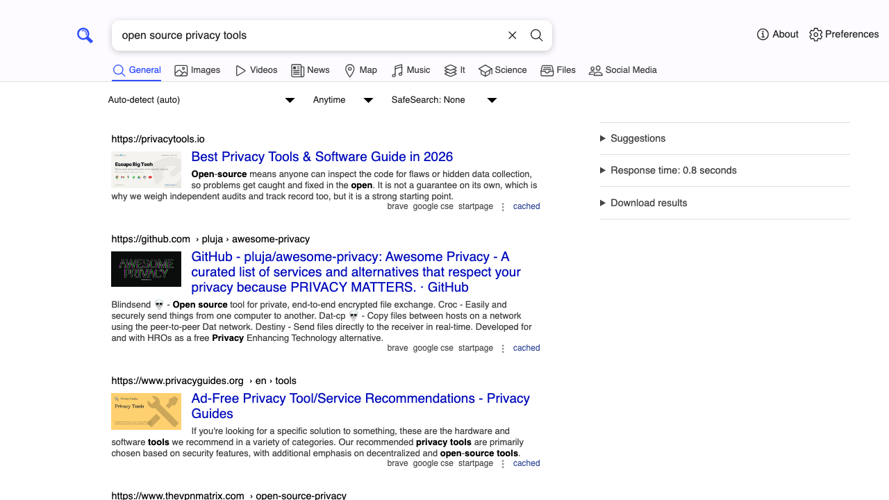 A SearXNG results page for a sample query showing aggregated, de-duplicated results with per-result engine attribution, the category tabs across the top, and the response time and suggestions panel on the right