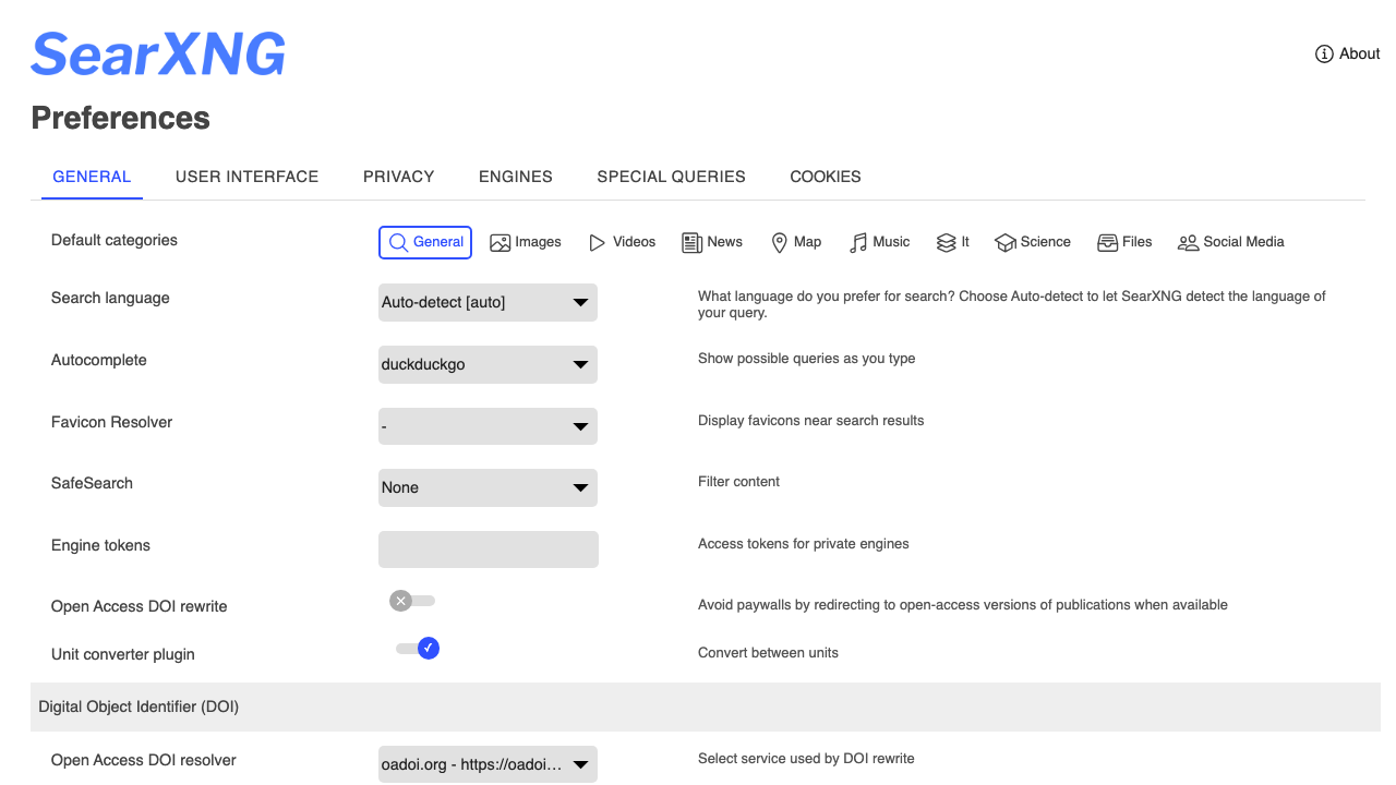 The SearXNG Preferences page open on the General tab, showing default categories, search language, the duckduckgo autocomplete backend, SafeSearch and the Engines, Privacy and Cookies tabs