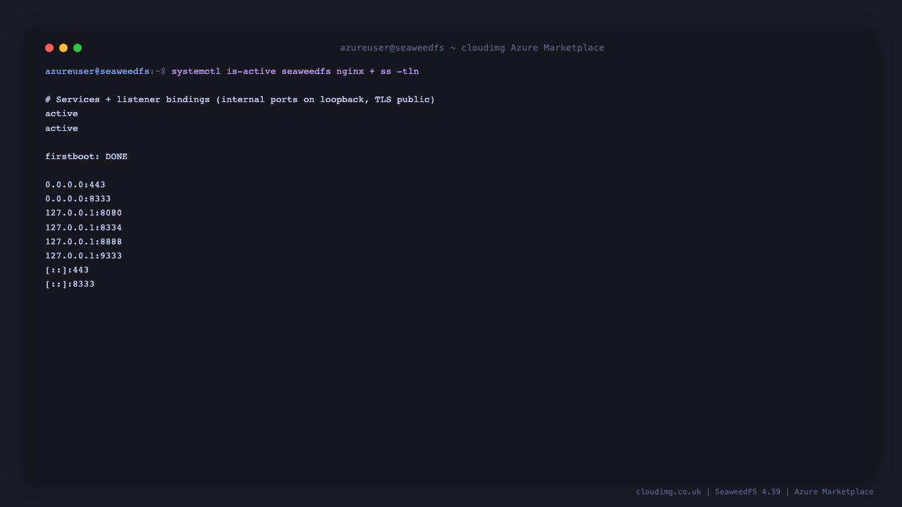 seaweedfs.service and nginx.service active; public TLS on 443 and 8333, master and filer bound to loopback