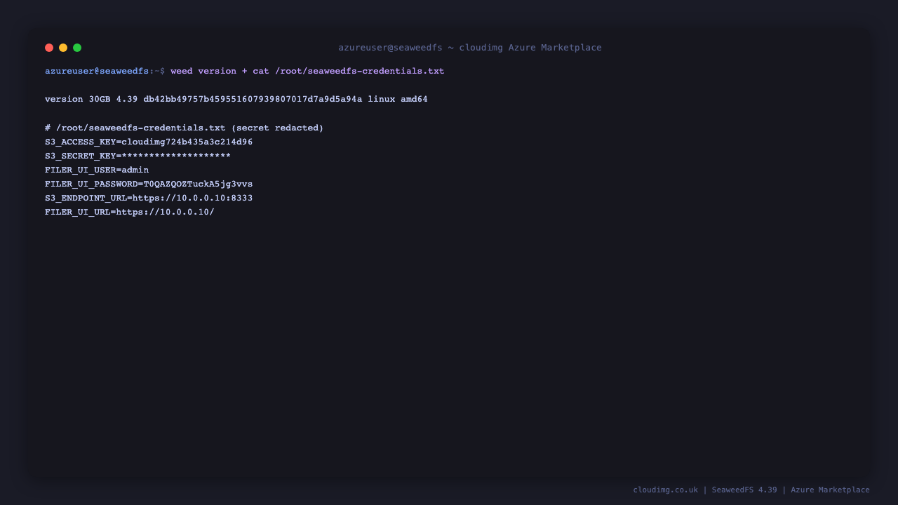 weed 4.39 version and the per-VM credentials file at /root/seaweedfs-credentials.txt, mode 0600