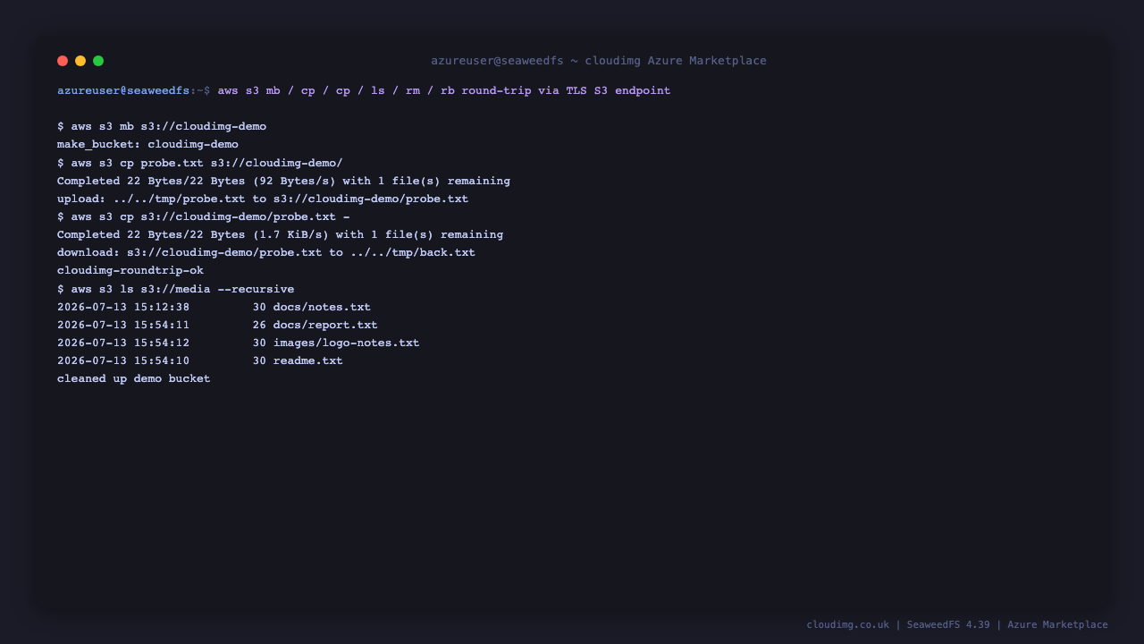 aws s3 make-bucket, put, get, verify and remove round-trip through the SeaweedFS TLS S3 endpoint