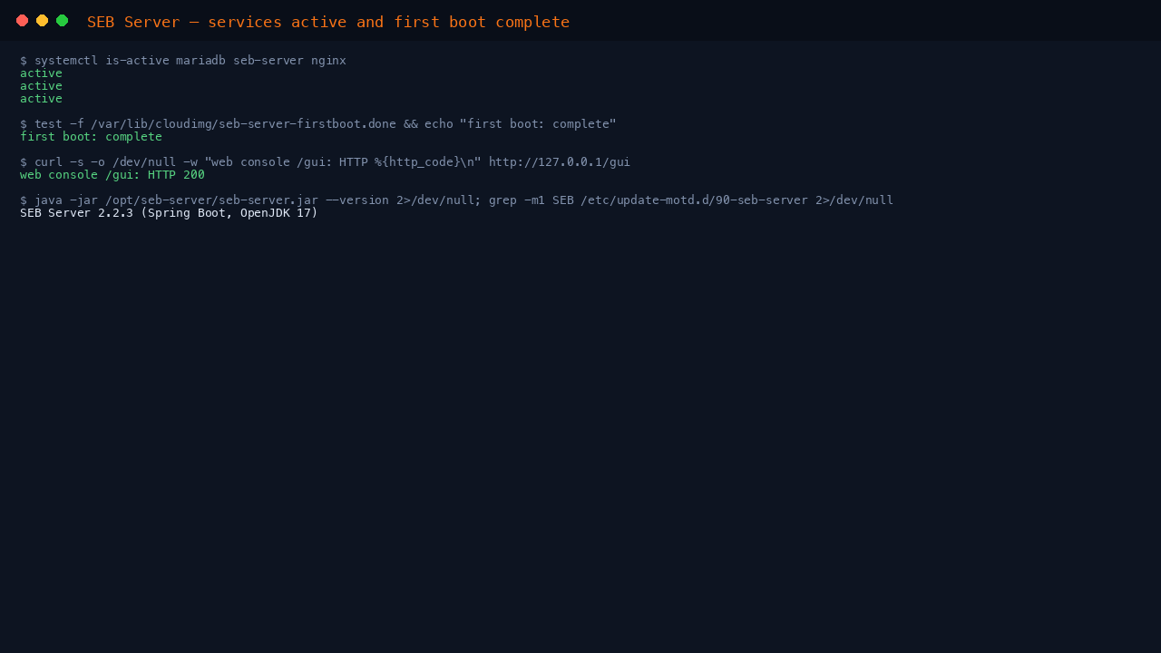 SEB Server services active and first boot complete on Ubuntu 24.04
