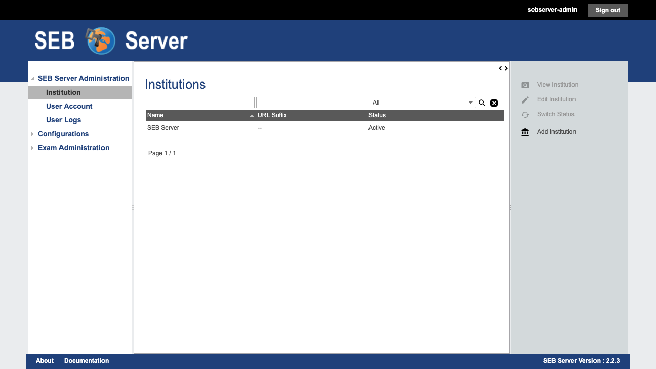 SEB Server administration console with the Institutions overview
