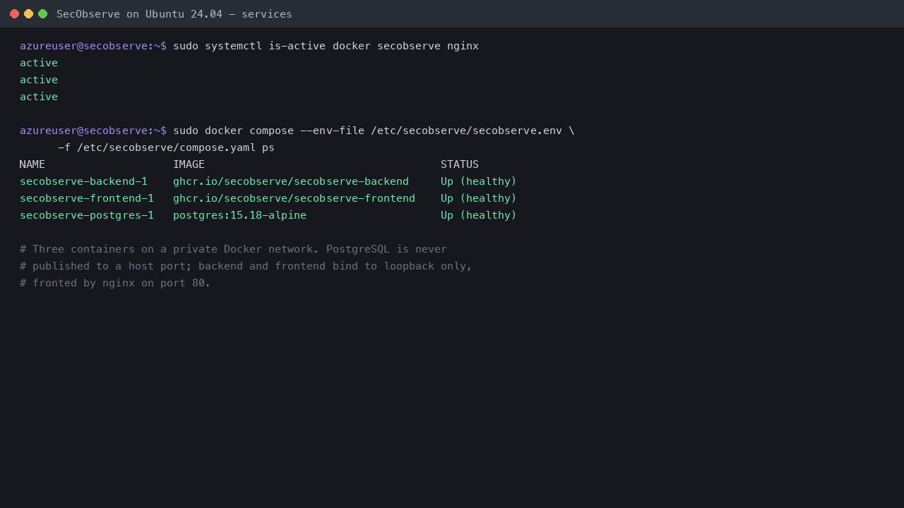 systemctl reporting docker, secobserve and nginx active, and the three containers running and healthy under Docker Compose