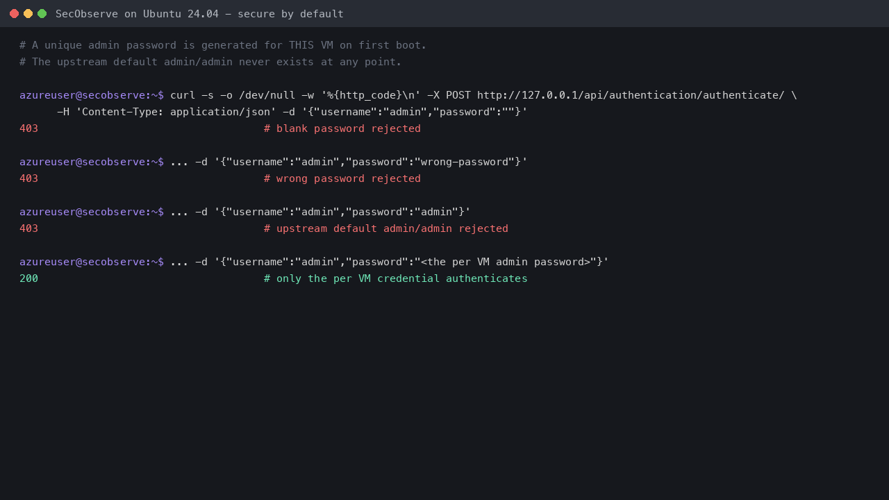 A blank password, a wrong password and the upstream default admin password all return HTTP 403, and only the per VM admin password returns HTTP 200