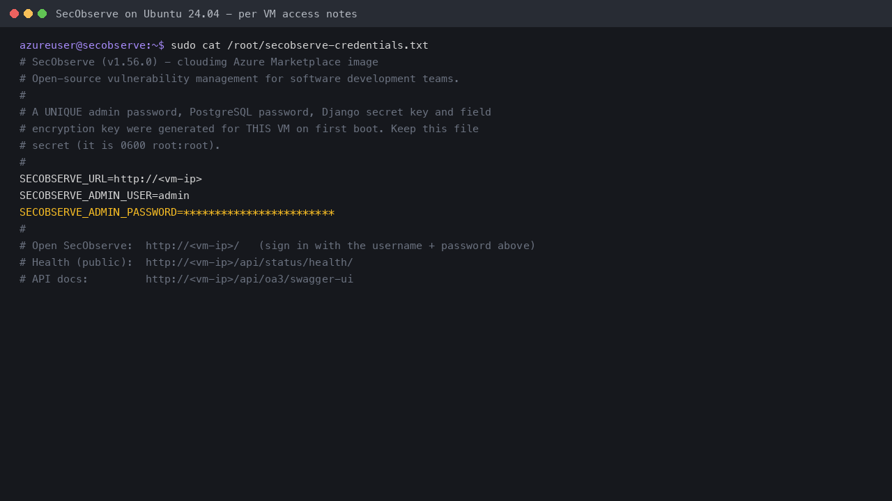 The per VM access notes, with the instance URL, admin username and the admin password masked