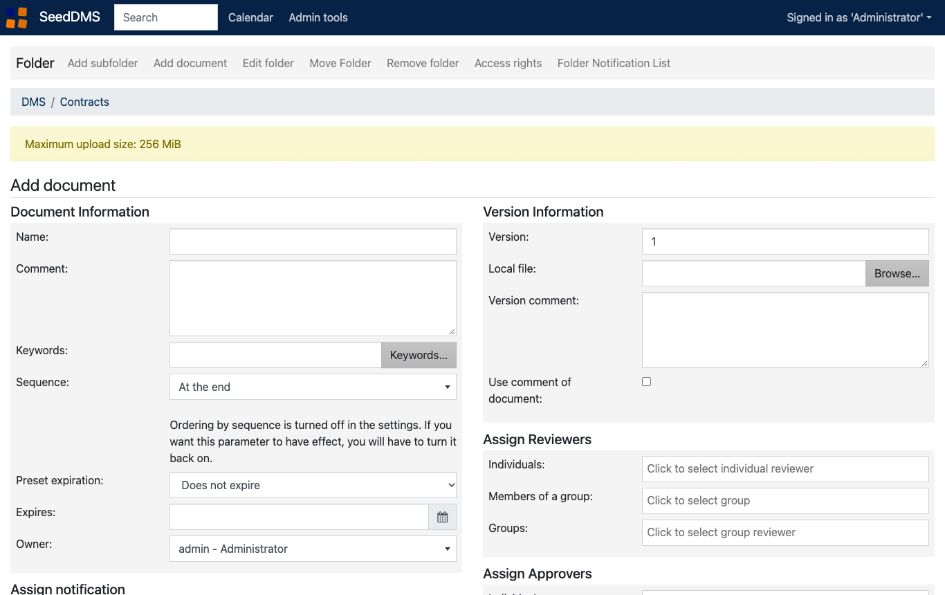 The Add document form